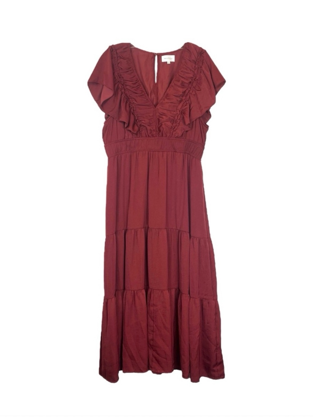MELLODAY Ruffle V-Neck Tiered Midi Dress - Burgundy Small